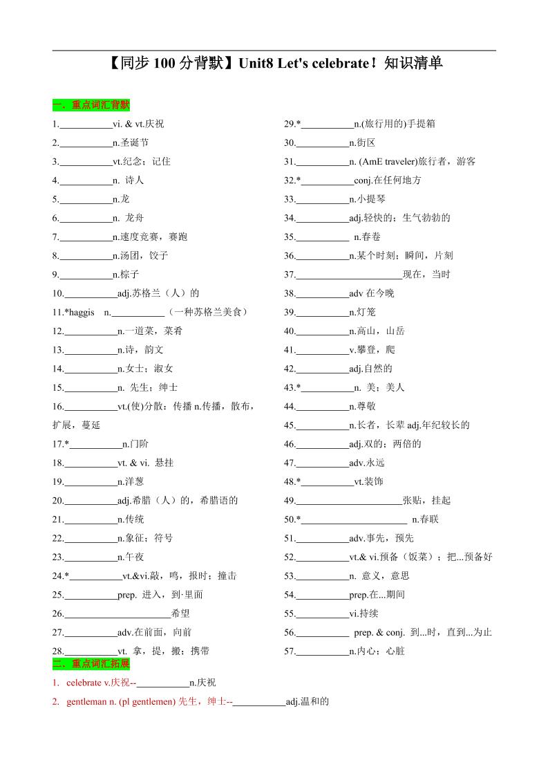 七年级上英语Unit8知识清单背默