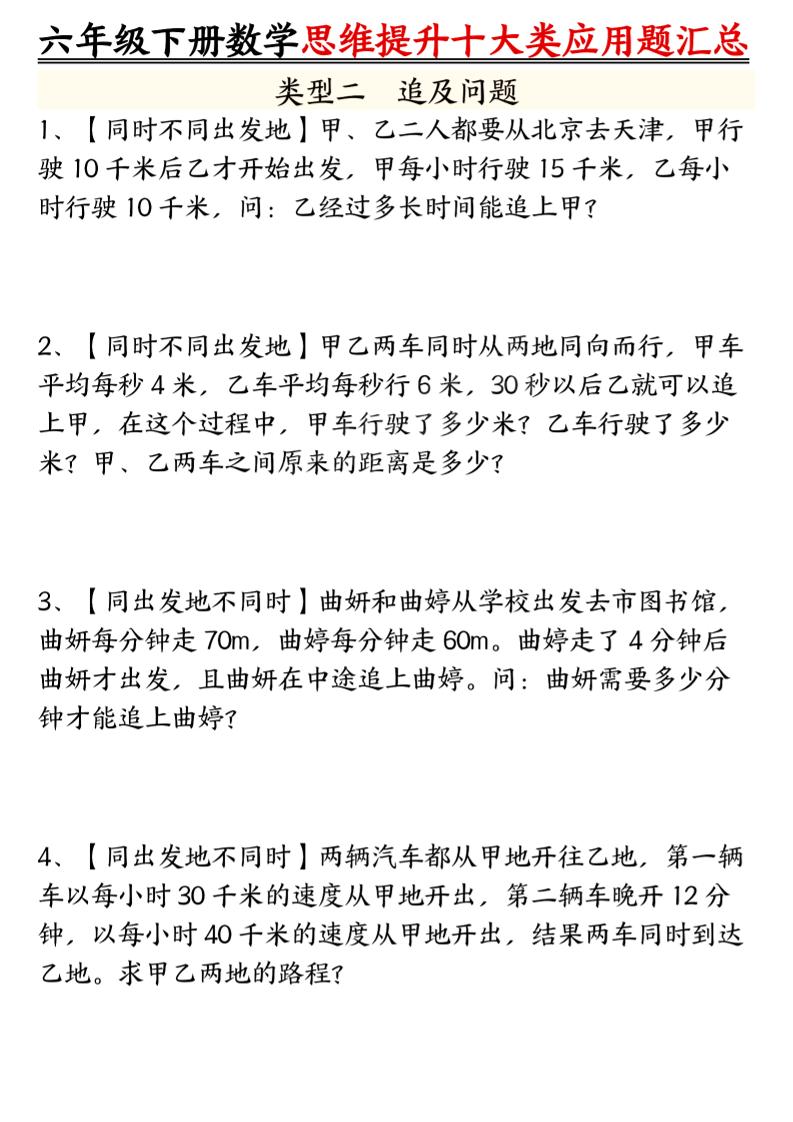 六年级下数学思维提升十大类应用题汇总_-上古云网创