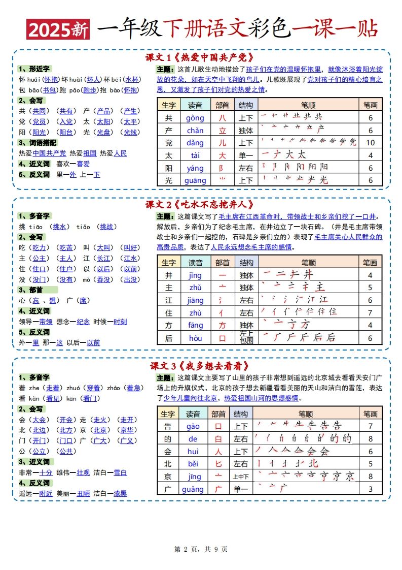 25春新一下语文彩色一课一贴高清(9页)-上古云网创