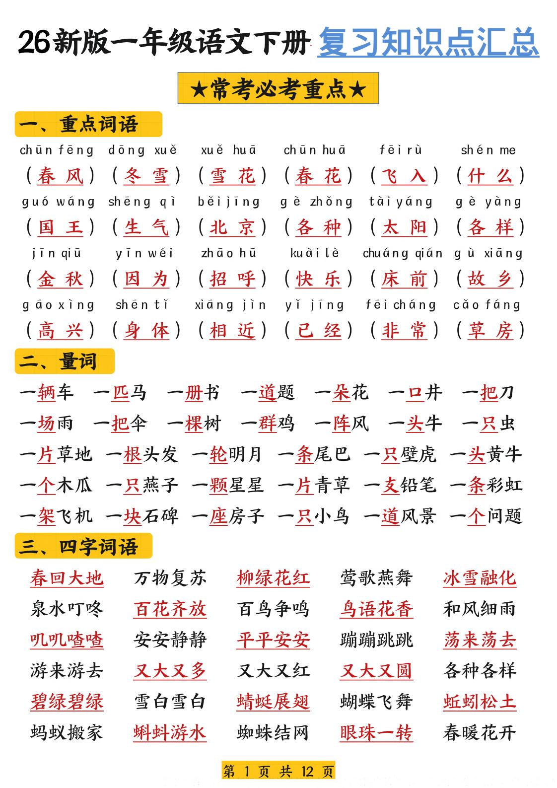 26新版一年级语文下册复习知识点汇总