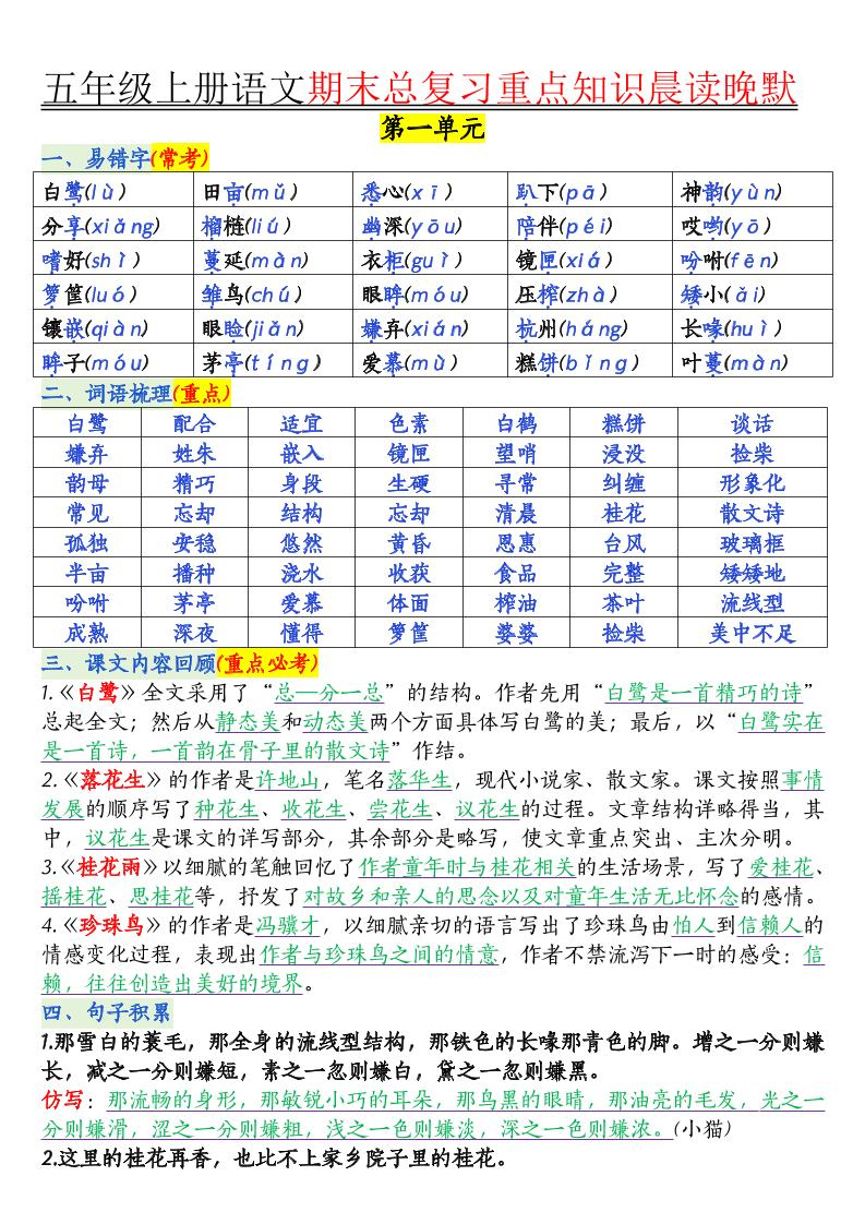 五年级上册语文1-8单元知识点汇总16页