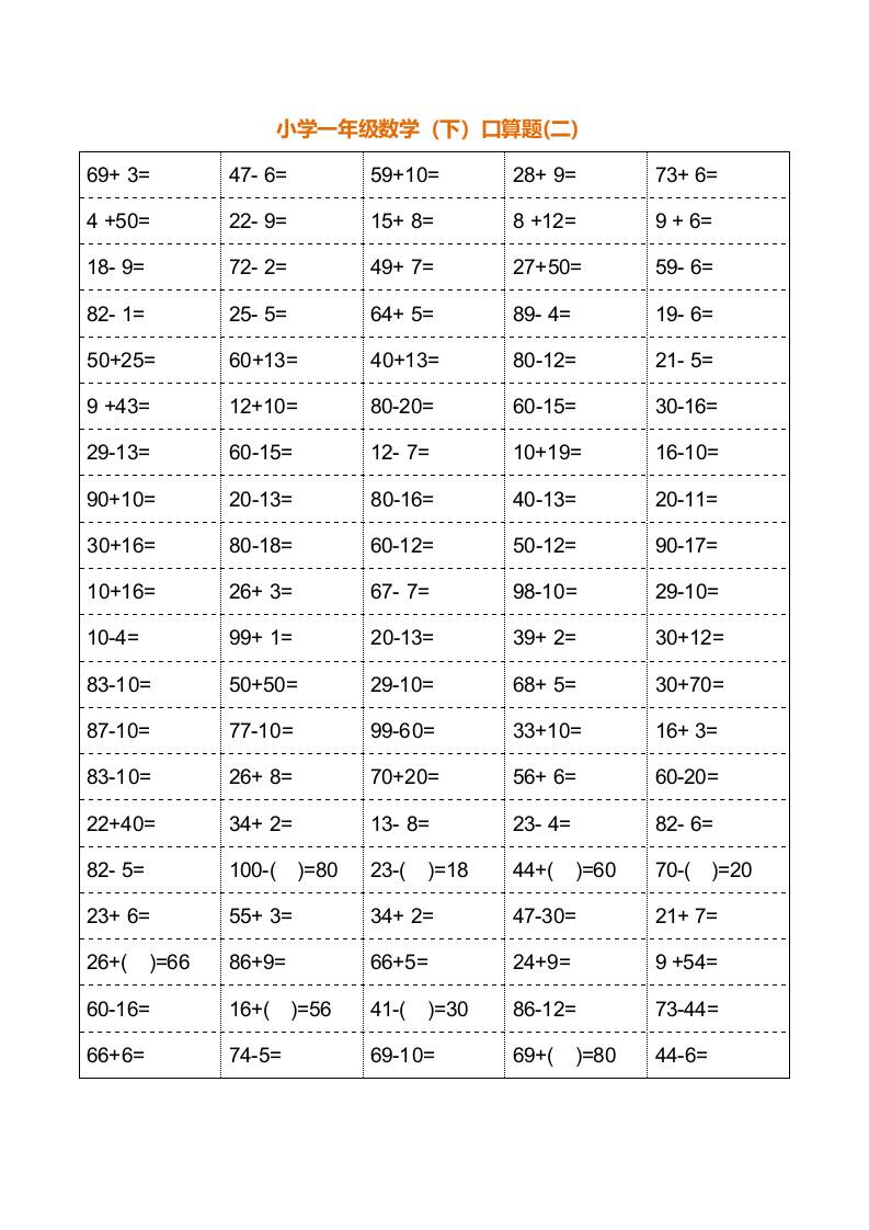 一年级下册数学暑假口算训练题18套（每页100道）-上古云网创