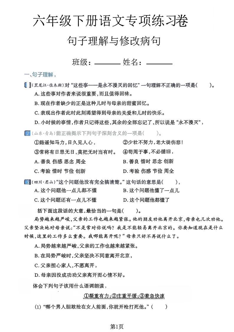 六下语文句子理解与修改病句专项练习卷