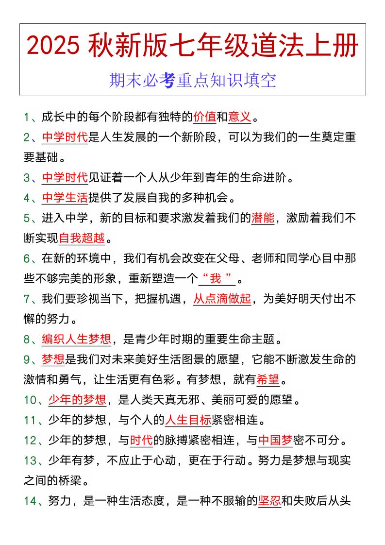 七年级道法上册期末必考重点知识填空