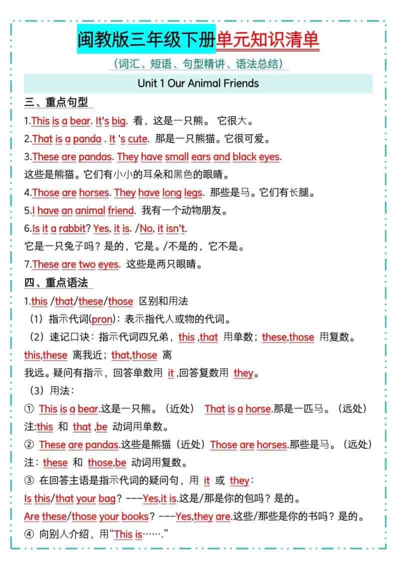 三年级下英语1-6单元知识点汇总《闽教版》-上古云网创