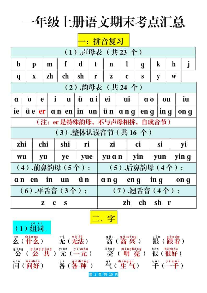 一年级上语文期末考点汇总（10页）