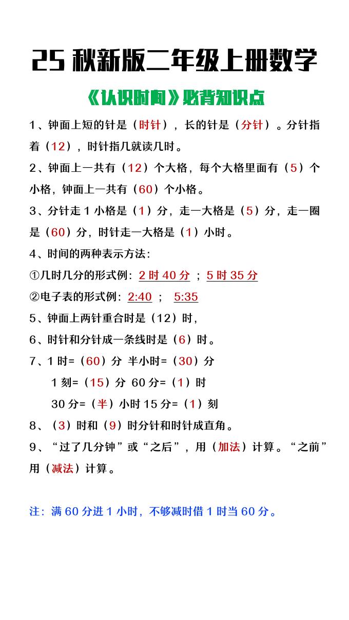 【2025秋新版】二年级上册数学认识时间必背知识点整理-上古云网创