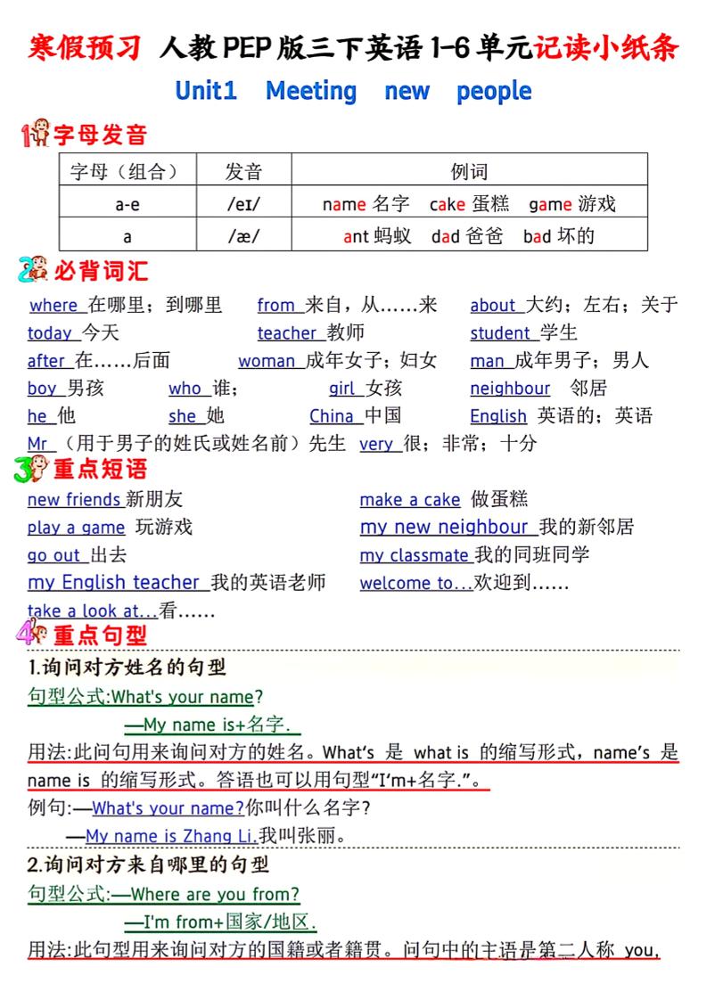 人教PEP版三下英语1-6单元记读小纸条