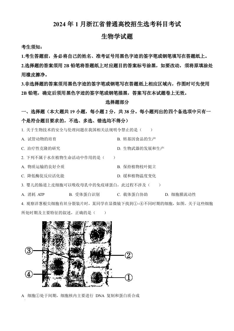 2024年高考生物试卷（浙江）（1月）（空白卷）-上古云网创