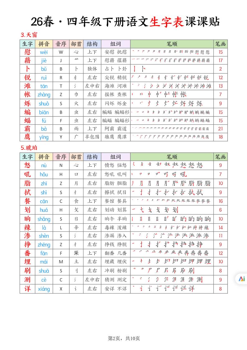 26春四下语文生字表课课贴10页-上古云网创