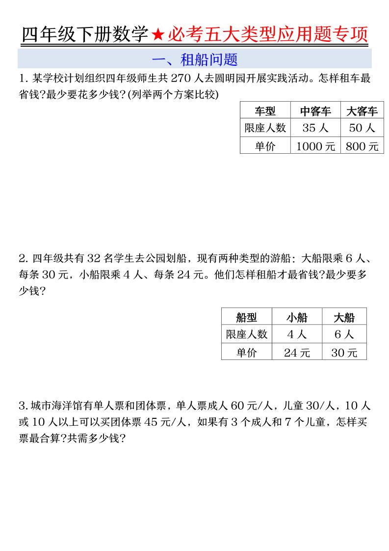 四下数学期末必考五大类型应用题（有答案）