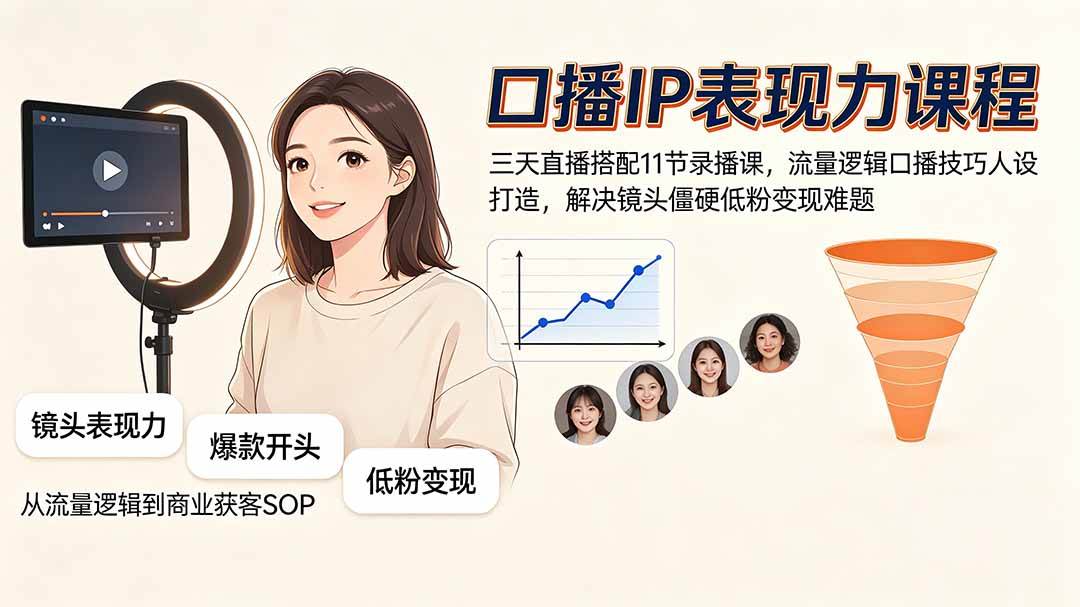 （19604期）口播IP表现力课程｜三天直播搭配11节录播课，流量逻辑口播技巧人设打造，解决镜头僵硬低粉变现难题-上古云网创