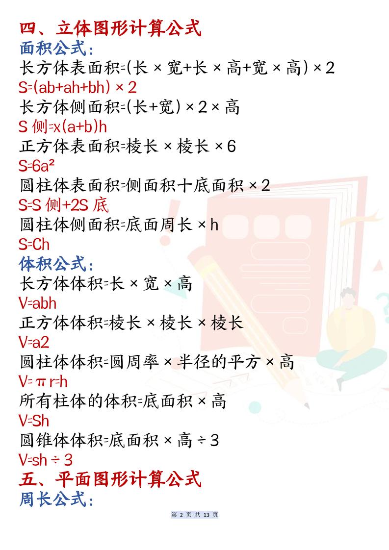 六年级上数学必背公式汇总