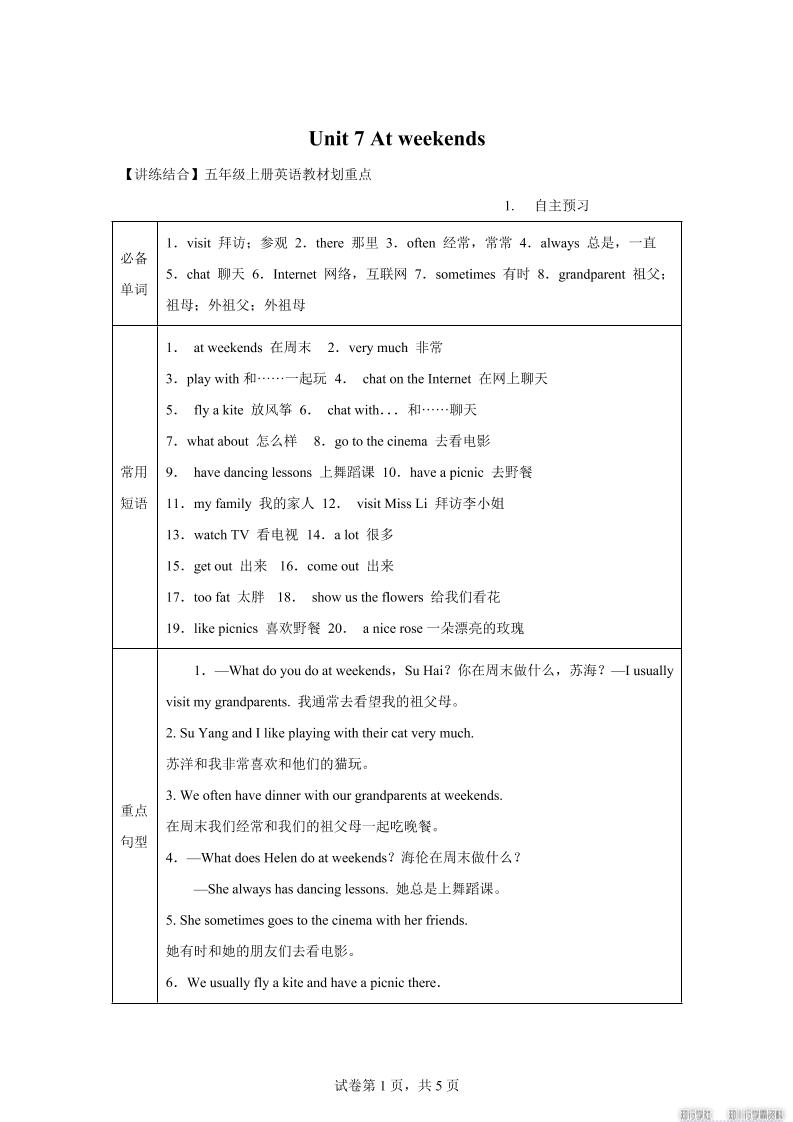 【单元热点难点】译林版（三起）英语五年级上册Unit7Atweekends教材划重点