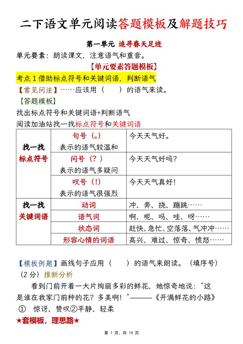 【阅读】二下语文1-8单元阅读答题模板及解题技巧（19页）