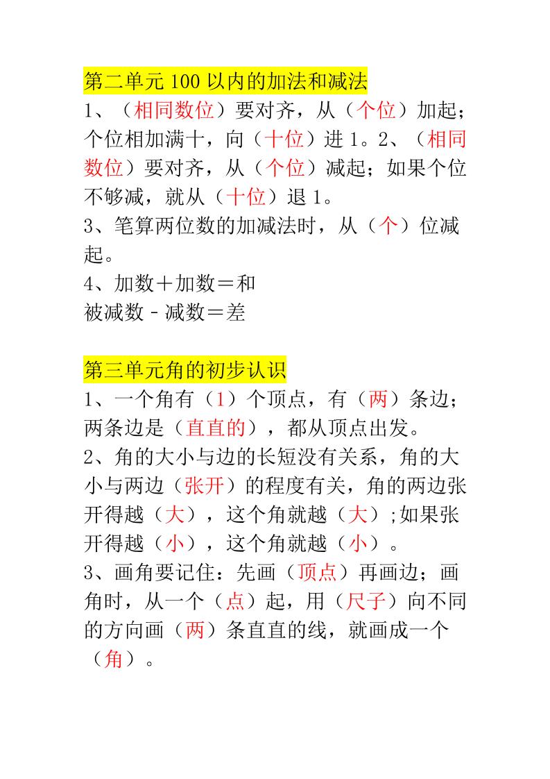 二年级上册数学必背知识汇总-上古云网创